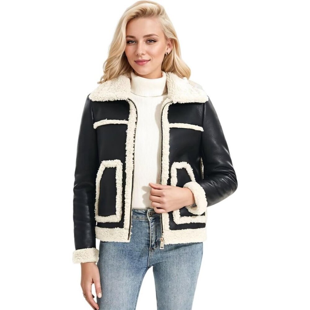 Women's Black White Fur Winter Coat Warm Thick Fur Lined Faux Leather Jacket